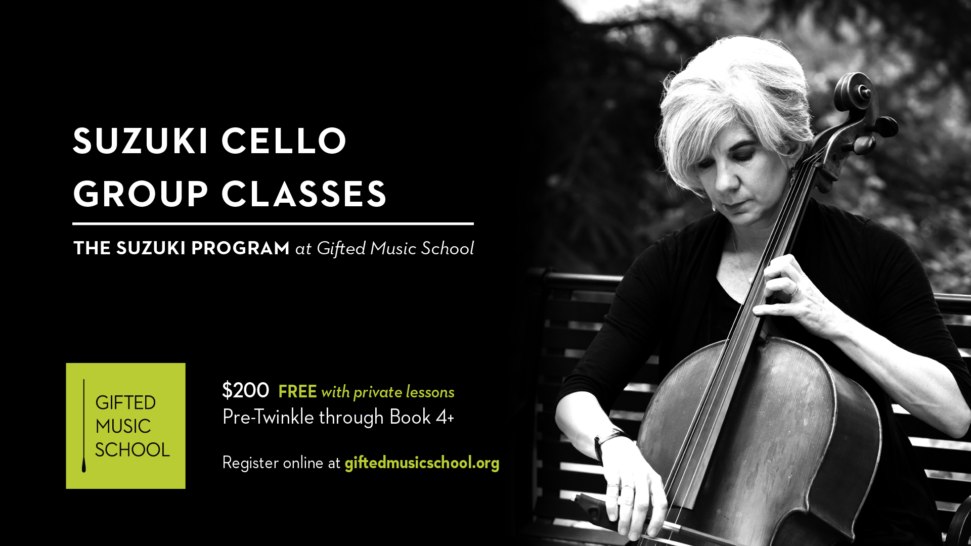Gifted Music School Suzuki Cello Group Class Advertisement with Katherine Baird playing cello